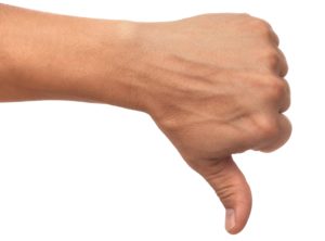 two male hands with thumbs up and down on white background